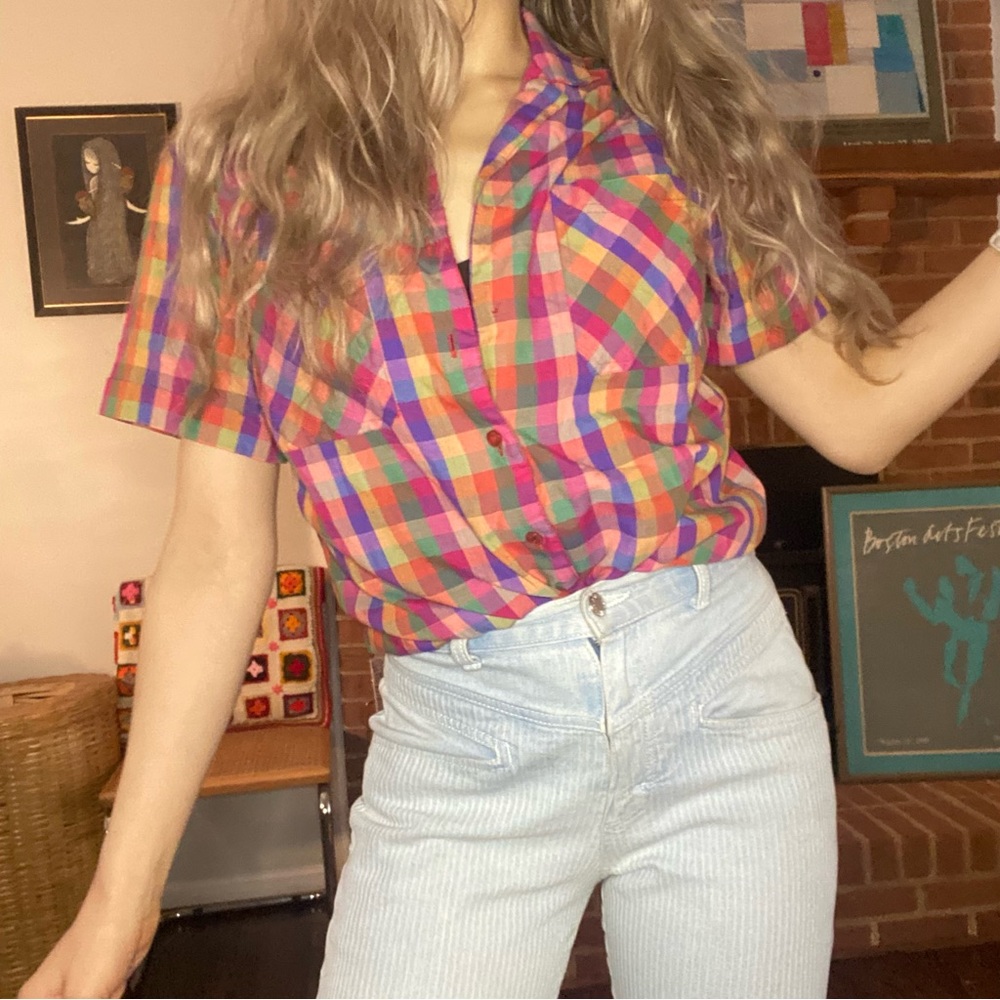 Vintage 80s Ecco Bay Plaid Rainbow Multi Checkered Short Sleeve Button U… - Picture 2 of 14